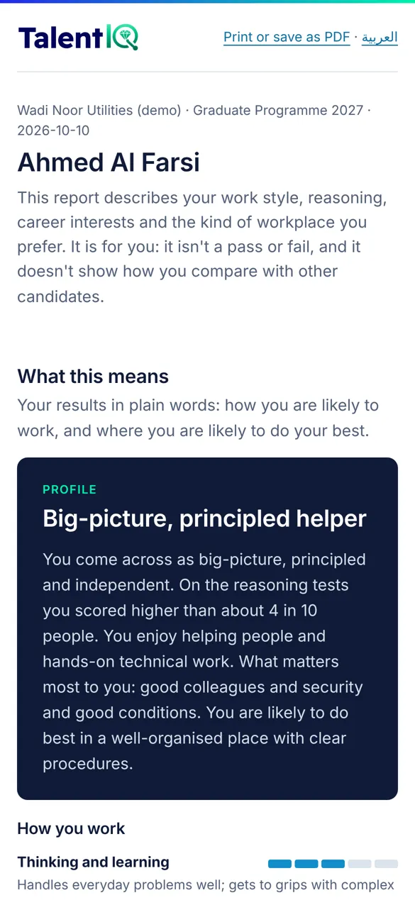 A candidate's feedback report
